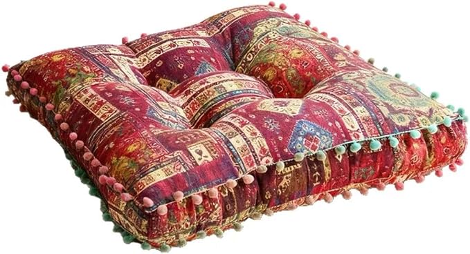 Bohemian Floor Pillow, Square Meditation Cushion & Yoga Mat – Ethnic Mandala Pattern Floor Seating for Living Room, Bedroom, Relaxation, Floor Decor (RED)
