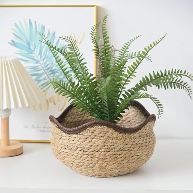 Wave Woven Planter Basket for Indoor Plants - Compact Multi-Use Storage Basket for Flowers, Farmhouse Home Decor - Fits Fresh/Artificial Plants(L)
