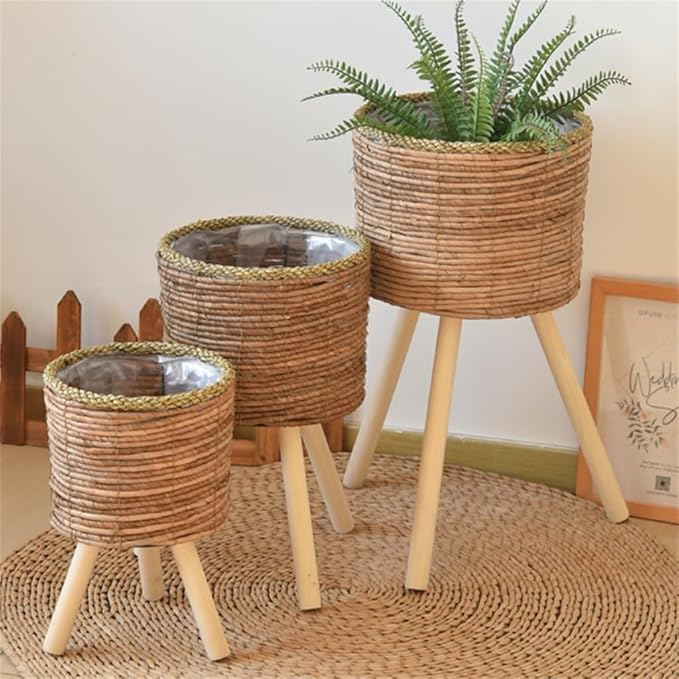 Woven Rattan Woven Plant Pot On Wooden Standing Legs, Round Floor Rattan Plant Stand Holder, Wicker Plant Basket with Stand for Living Room Balcony Home Decor