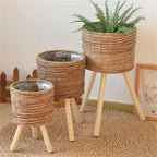 Woven Rattan Woven Plant Pot On Wooden Standing Legs, Round Floor Rattan Plant Stand Holder, Wicker Plant Basket with Stand for Living Room Balcony Home Decor