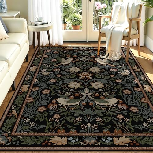 8'x10' Area Rugs Washable,Boho Rug for Living Room Bedroom Dining Room,Large Farmhouse Botanical Bohemian Distressed Oriental Carpet Non Slip,Black Floral Bird - color: Black Floral Bird, size: 8'x10'