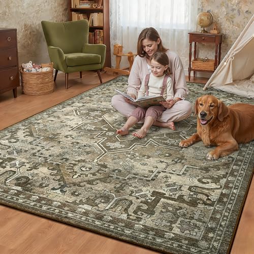 Foxmas 4x6 Area Rugs for Living Room Bedroom, Machine Washable Non-Slip Vintage Rug, Low Pile Throw Rugs with Rubber Backing Washable Carpet for Dining Room Kitchen Home Decor, Brown - color: Brown, size: 4' X 6' (Rectangular)