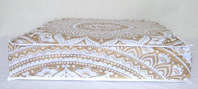 ICC Large Square Floor Pillow Cover Hippie Ottoman Pouf Cover Daybed Cotton Mandala Cushion Cover with Heavy Duty Zipper Seating Ottoman Poufs Dog-Pets Bed (White Gold Ombre, 35" Square)