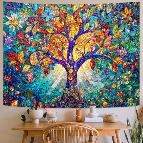 Lunerfex Tree of Life Tapestry Stained Glass Tapestry Wall Decor Tapestries for Bedroom Art Tapestries Wall Hanging for Bedroom Living Room Glass-Tree-02 44"x60" - color: Colorful, size: 60"L x 44"W