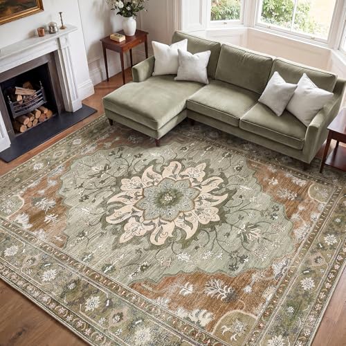 9x12 Area Rugs for Living Room, Machine Washable Boho Vintage Rug, Waterproof Surface & Non-Slip Backing, Foldable Soft Low Pile Floral Medallion Carpet for Bedroom Dining Room - color: Green/Orange, size: 9' x 12' (Rectangular)