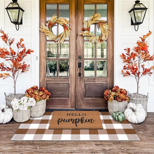 Homydecor Buffalo Plaid Outdoor Rugs, 24'' x 51'' Coffe and White Checkered Area Rug, Layering Rug for Hello/Welcome Door Mat, Washable Cotton Woven Farmhouse Mat for Front Porch Décor - color: Coffee & White Plaid, size: 2' x 4'3" (Rectangular)