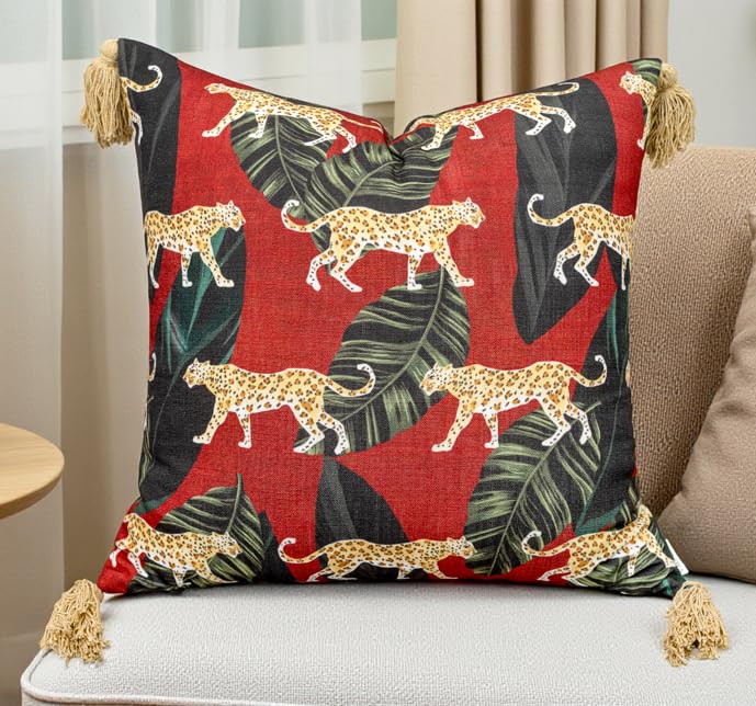 VAGMINE Throw Pillow Cover 20x20 – Animal Printed Poly-Cotton Square Accent Cushion Cover with Tassels – Madhuban Cheetah - color: Madhuban Cheetah, size: 20" x 20" (Pack of 1)