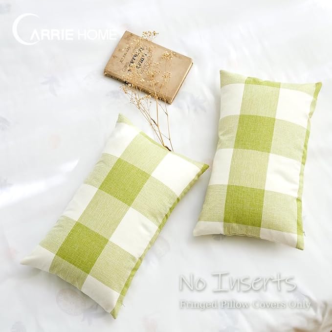 CARRIE HOME Spring Outdoor Green Plaid Pillow Covers 18x18 Set of 2, Green Farmhouse Buffalo Plaid Throw Pillows, Spring Outdoor Front Porch Decor Gingham Pillow Covers (No Pillow Inserts)