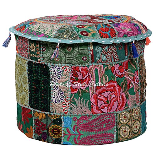 Ethnic 18" Cotton Patchwork Embroidered Fabric Pouffe Ottoman Stool Pouf Cover Green Floral Bean Bag Round Footstool Floor Cushion Indian Decor Bean Home - color: Dark Green