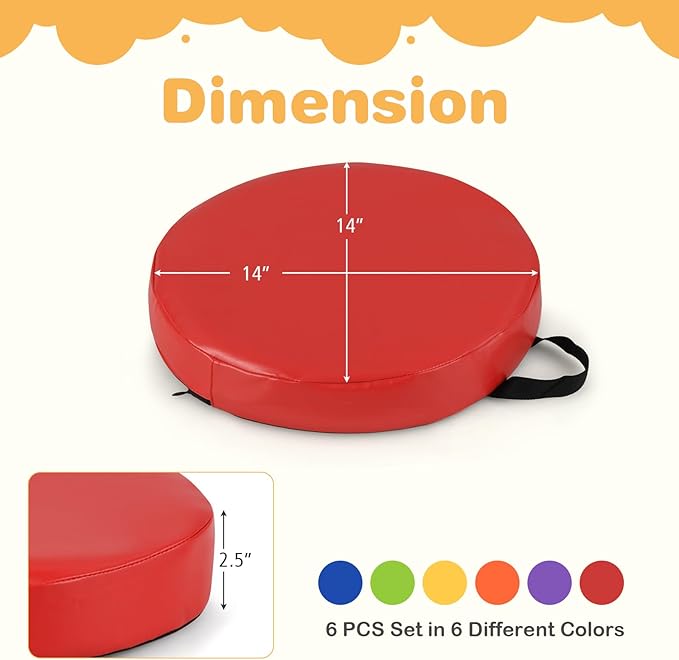 HONEY JOY 6PCS Floor Cushions for Kids, 14" Length Flexible Alternative Portable Classroom Seating with Handles, Easy to Clean, Thick Soft Foam Comfy Round Seats for Daycare Preschool (Colorful)