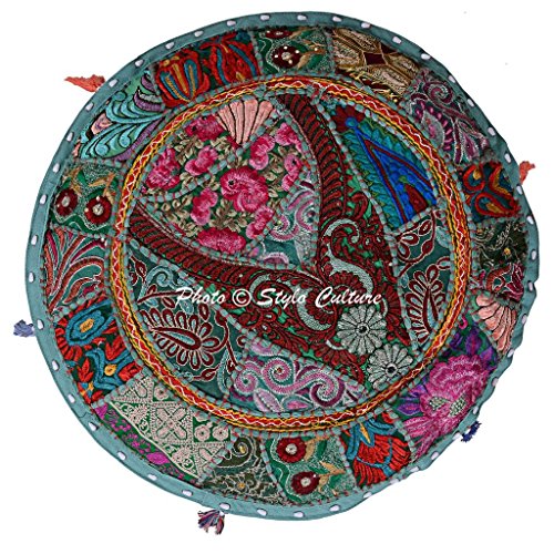 Ethnic 18" Cotton Patchwork Embroidered Fabric Pouffe Ottoman Stool Pouf Cover Green Floral Bean Bag Round Footstool Floor Cushion Indian Decor Bean Home - color: Dark Green