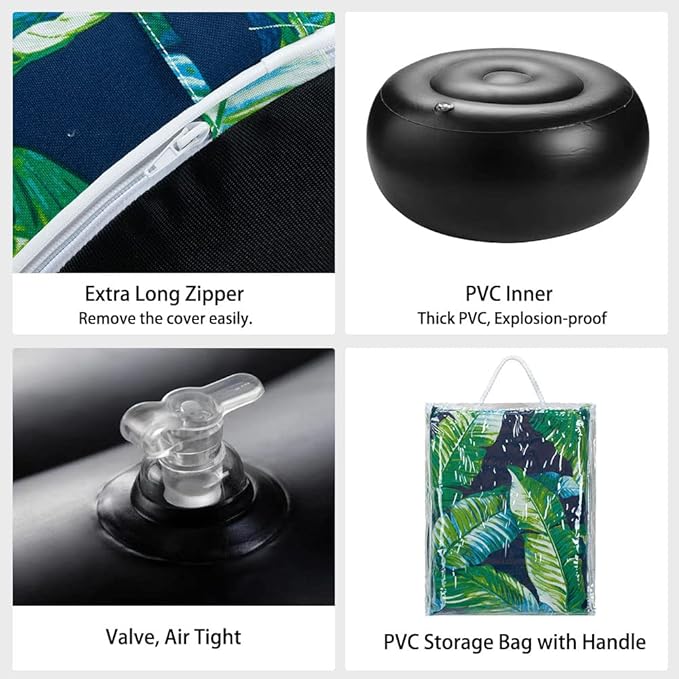 Magpie Fabrics Inflatable Stool Ottoman Pouf D20 xH9, Outdoor Round Footrest Footstool with Foot Pump, Portable for Patio Travel Camping - Green Lagoon Leaves