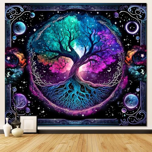 TVTLTVT Tree of Life Tapestry Sun Moon Stars Wall Hanging Boho Mandala Spiritual Wall Art Aesthetic Galaxy Wall Tapestry Nature Plant Decoration for Home Decor Bedroom Living Room Dorm Decor 59x51in - color: S02-Tree of Life