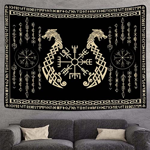 Nordic Vikings Tapestry, Large 60x60inches Soft Flannel, Vegvsir Symbol Twins Dragons Celtic Rune Scandinavian Aesthetic Mythology Tapestry Wall Hanging for Bedroom Living Room Decor GTZYFS1725 - color: Viking Dragons, size: 60"L x 60"W