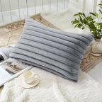 decorUhome Cozy Faux Fur Throw Pillow Covers 12x20 Set of 2 Decorative Soft Plush Striped Lumbar Modern Farmhouse Boho Couch Pillow Cases with Velvet Back for Sofa Bed Living Room, Grey
