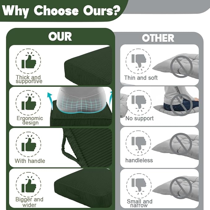 Floor Pillow for Adults Set of 2, 4" Square Floor Cushions with Washable Cover, Large Corduroy Meditation Pillow, 22 inches Tatami Seat with Handle for Living Room or Yoga, Green