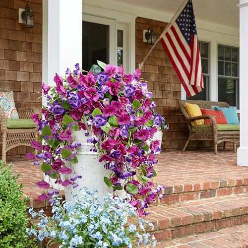 6Pcs Artificial Hibiscus Fake Hanging Flowers, Silk Faux Flowers for Outdoor Planters, UV Resistant Artificial Outdoor Plants for Hanging Baskets, Porches, Patios Decorations (Purple + Red) - color: Purple + Red