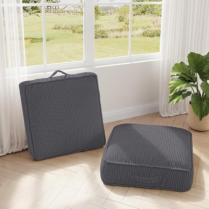 Floor Pillow for Adults Set of 2, 8" Square Floor Cushions with Washable Cover, Large Corduroy Meditation Pillow, 24 inches Tatami Seat with Handle for Living Room or Yoga, Dark Grey