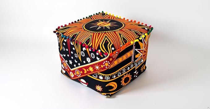 CRAFT KALA Square Mandala Floor Pillow Cushion Cover Seating Throw Cover Hippie Decorative Bohemian Ottoman Poufs Cover Pillow Cases Cotton Living Room Home Décor 16X16X14 inches, Orange Burning Sun