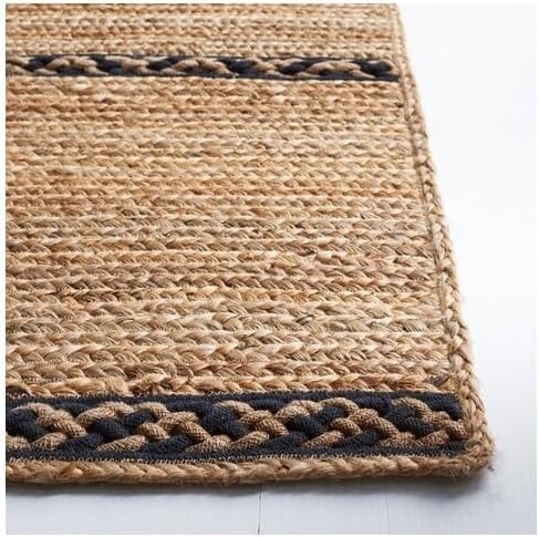 SAFAVIEH Natural Fiber Collection Area Rug - 6' Square, Natural & Black, Handmade Stripe Boho Farmhouse Rustic Braided Jute, Ideal for High Traffic Areas in Living Room, Bedroom (NFB262Z)