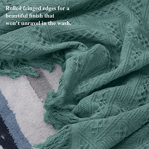 Simple&Opulence 100% Cotton Throw Blanket for Bed, Couch, Boho Luxury Geometric Knit Woven Blanket with Tassels Soft Lightweight Cozy Breathable, Vintage Farmhouse Decoration for All-Season(Green) - color: Dark Green