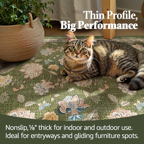 jinchan Elora 2x5 Floral Runner Rug for Hallway Washable Kitchen Runner Vintage Romance Design Non Slip Thin Indoor Floor Cover Low-Profile Throw Carpet for Entryway Bathroom Bedroom Porch, Green - color: Bloom Green, size: 2' x 5' (Light Weight)