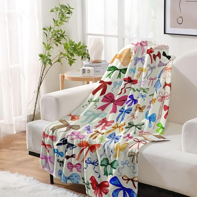 Rainbow Bow Throw Blanket Trendy Preppy Blanket Coquette 30"x40" Flannel Soft Cute Bow Decor Lightweight Aesthetic Plush Room Decor for Sofa Couch Travel Bed Christmas Halloween Decoration