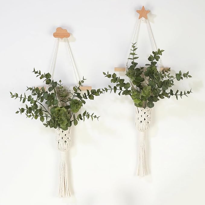 Macrame Bohemian Wall Hanging, White Cotton Rope with Artificial Plant, Handcrafted Boho Tapestry with LED Lights, Decorative Wall Art,Earthy Wall Decor(Eucalyptus-Green)