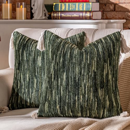 AmHoo Boho Throw Pillow Covers Set of 2 Decorative Bohemian Woven Tufted Striped Farmhouse with Tassels Textured Cushion Case Pillowcase Neutral for Sofa Couch Bed 18 x 18-Inch Sage Green - color: Sage Green, size: 18" x 18" (Pack of 2)