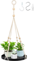 SUREAM Indoor Hanging Planter Shelf, Black Macrame Plant Hanger, Handmade Cotton Plant Hangers with Wood Tray, Planter Flower Pots Holder for Window Wall Ceiling Home Porch Patio Decor