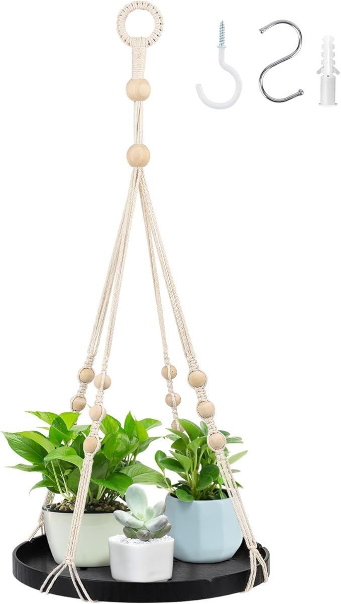 SUREAM Indoor Hanging Planter Shelf, Black Macrame Plant Hanger, Handmade Cotton Plant Hangers with Wood Tray, Planter Flower Pots Holder for Window Wall Ceiling Home Porch Patio Decor