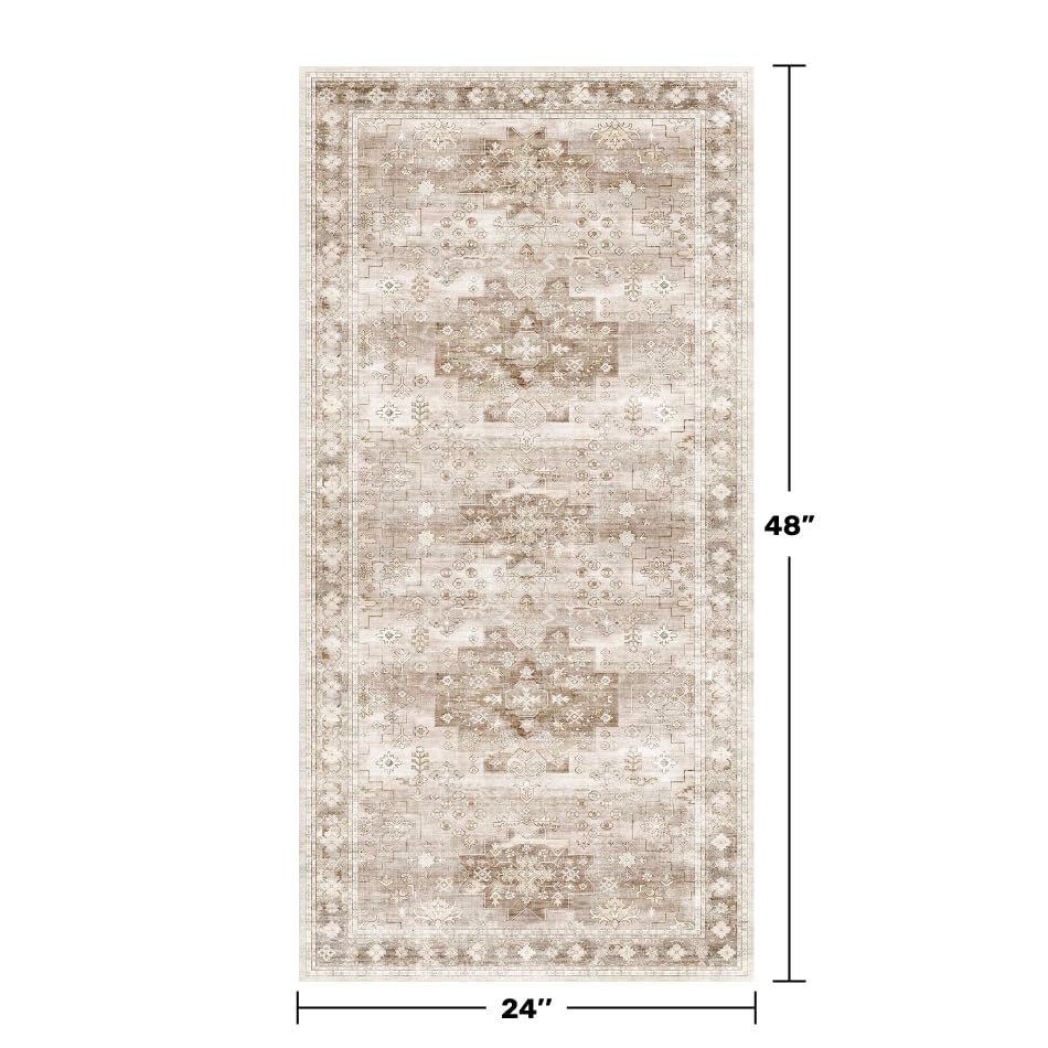 2x4 Boho Runner Rug, Neutral Farmhouse Entryway Rugs, Small Throw Runners for Hallway Bedroom Kitchen, Vintage Floral Design & Non-Slip Low-Pile Washable Stain Resistant Beige Latte - color: Latte / Beige, size: 2' x 4' (Rectangular)