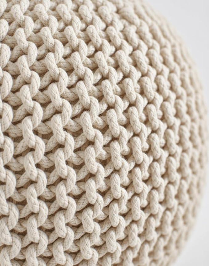 Palisa Round Ottoman Pouf Handmade Cotton Knitted Poof Bean Bag Filling (Ivory, 20" D x 20" W x 14" H)