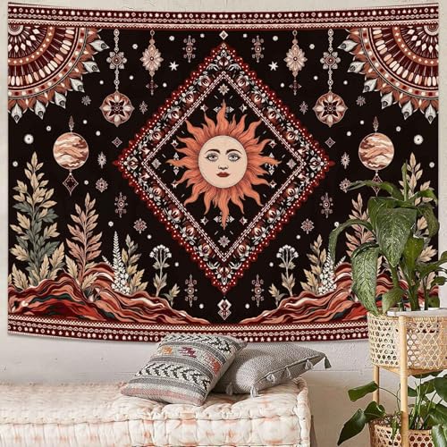 Kanuyee Bohemian Sun and Moon Wall Tapestry, Celestial Mystical Tapestries for Room Decor, Nature Landscape Tapestry 80"x60" - color: Brown Red, size: 80"L x 60"W