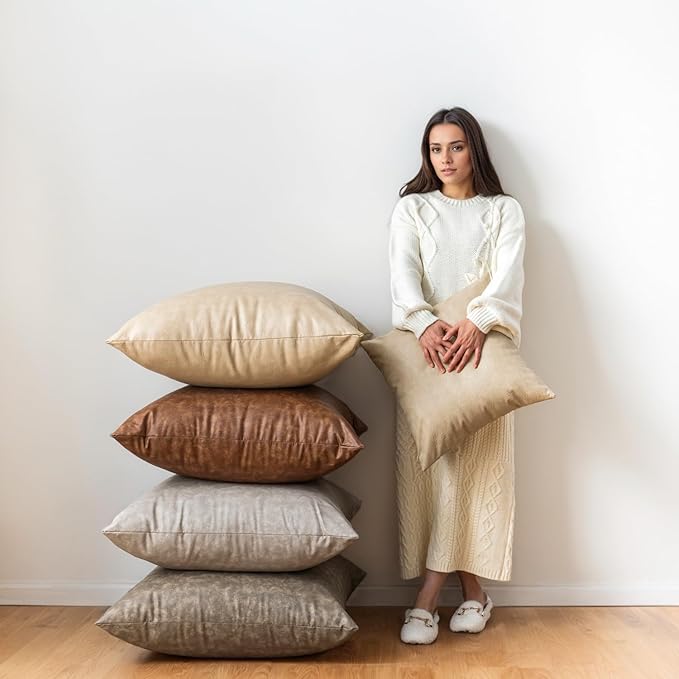 Pack of 2 Oversized Leather Pillow Cover Neutral Decorative, Beige Modern Boho Abrasion Floor Cushion Covers, for Home Decor Outdoor Waterproof Pet Hair Resistant Throw Pillow Covers 28x28 inch