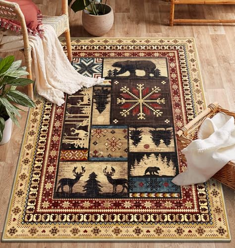 LOKHOM Vintage Bear Area Rug 3x5 Washable Bedroom Rug, Rustic Western Buffalo Bear Decor Living Room Rug, Non Slip Soft Low Pile Area Carpet for Bedroom Kitchen Bathroom - color: Vintage Bear, size: 3' x 5' (Rectangular)
