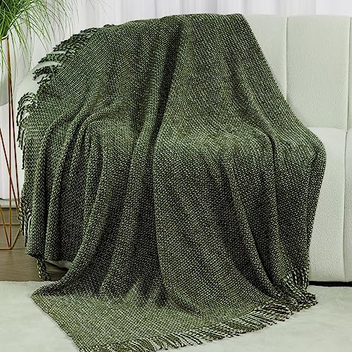 Blagic Knitted Throw Blanket for Couch, Soft Farmhouse Throw Blanket with Tassels,Home Decorative Lightweight Blankets,Spring Throws for Bed/Chair/Sofa,Wheat Textured (Green & White,50" W x 60" L) - color: Green & White, size: 50 × 60 in