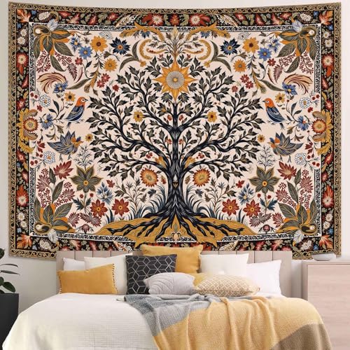 Lunerfex Folk Art Wall Tapestry - Tree of Life with Sun and Bird Wall Hanging for Bedroom and Living Room - Boho Floral Tapestries 80"x60" - color: Black Ivory, size: 80"L x 60"W