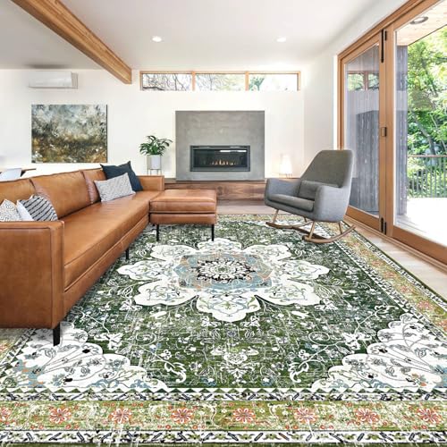 Ileading Bohemian Vintage Area Rug 8x10ft, Machine Washable Low-Pile Accent Carpet, Non-Shedding Non-Slip Living Room Floor Throw Rugs for Bedroom,Dining Room,Kids Playroom(Green) - color: Green, size: 8' x 10' (Rectangular)