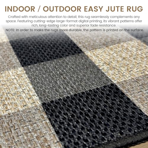 Washable Checkered Easy Jute Rug 3x5, Black Grey Plaid Checkerboard Boho Outdoor Indoor Patio Small Rugs, Woven Non Slip Thin Neutral Carpet Door Mat for Bedroom Entryway Front Door Farmhouse - color: Checkerboard -2 Black Grey, size: 3' x 5'