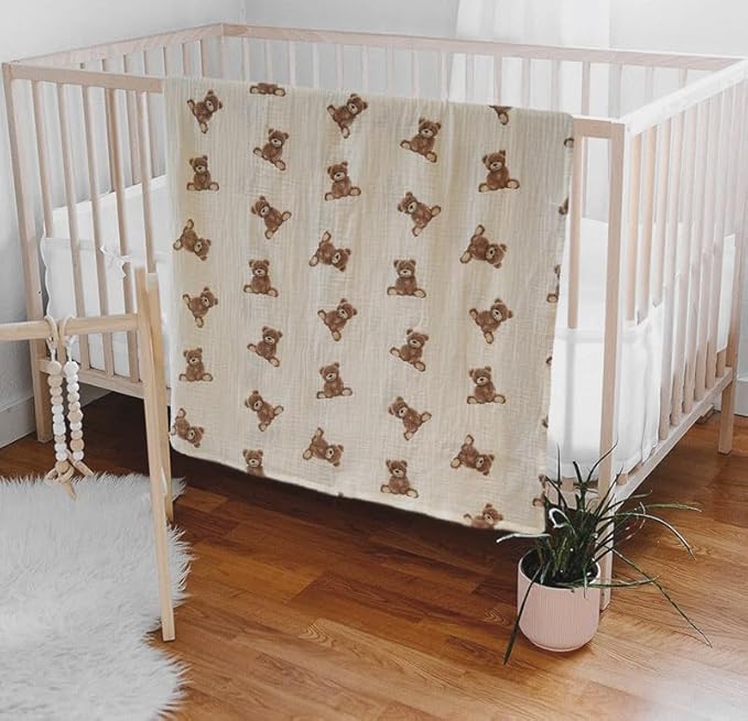 Little Jump 2-Pack Cotton Muslin Swaddle Blankets for Baby Boys Girls Unisex - Boho Teddy Bear Baby Blanket Nursery Swaddling Blankets- Large 47 x 47 inches Receiving Blanket Neutral (Teddy Bear)