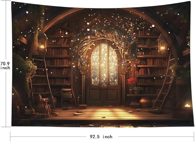 EMMTEEY Magic Library Tapestry for Men 92.5X70.9 Inch - Bookshelf Bathroom Wall Decor Medieval Gothic Backdrop for Students Women