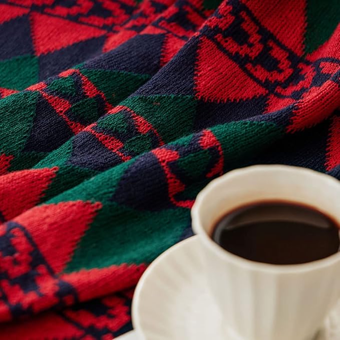 Gealaek Boho Throw Blanket Lightweight Soft Cozy Decorative Blankets for Sofa Bed Farmhouse Throw Blanket Aztec Blanket with Tassel Navy Red Green Checkered 50" x 60"