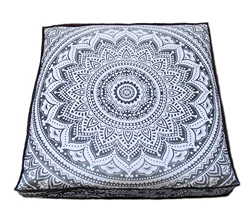 CRAFT KALA Mandala Floor Pillow Cushion Cover Seating Throw Cover Hippie Decorative Bohemian Ottoman Poufs Pom Pom Pillow Cases Boho Indian Cotton Living Room Yoga Home Décor (24" Square, Grey Ombre) - color: Grey Ombre, size: 24" x 24" (Pack of 1)