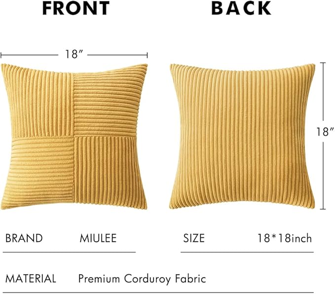 MIULEE Golden Mustard Decorative Throw Pillow Covers 18x18 Inch for Couch Bed Sofa Pack of 2 Boho Farmhouse Throw Pillows Soft Cross Corduroy Patchwork Textured Cushion Cases