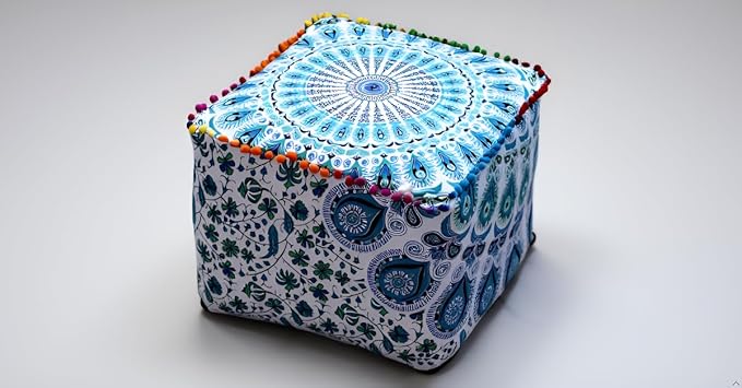 CRAFT KALA Indian Square Patchwork Traditional Pouf Cover Indian Living Room Poufs Decorative Designer Pom Pom Ottoman Cover Home Living Footstool Cover Ottoman Decor 22X22X14 inches, Sky Blue Mirchi