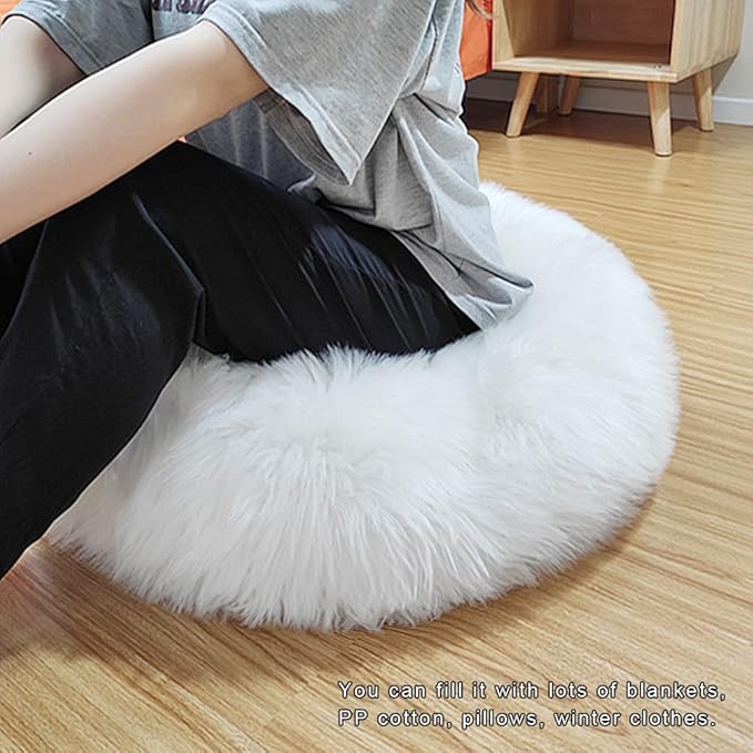Asuprui Unstuffed Floor Pillow Meditation Cushion No Filler Large Floor Cushion for Sitting Fluffy Floor Seat Fuzzy Oversized Seat Pillow for Adult 24X24X6 Inches White Round Cover ONLY