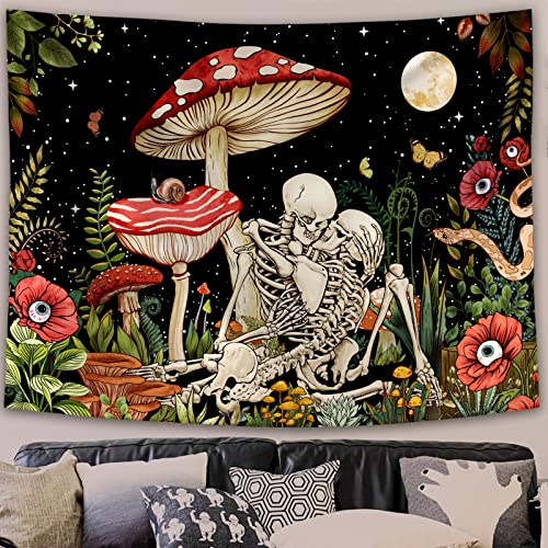 Accnicc Mushroom Skull Tapestry Skeleton Floral Plant Flower Tapestries Bedroom Aesthetic Nature Moon Wall Tapestry for Dorm Living Room (60'' × 50'') - color: Red, size: 60"L x 50"W