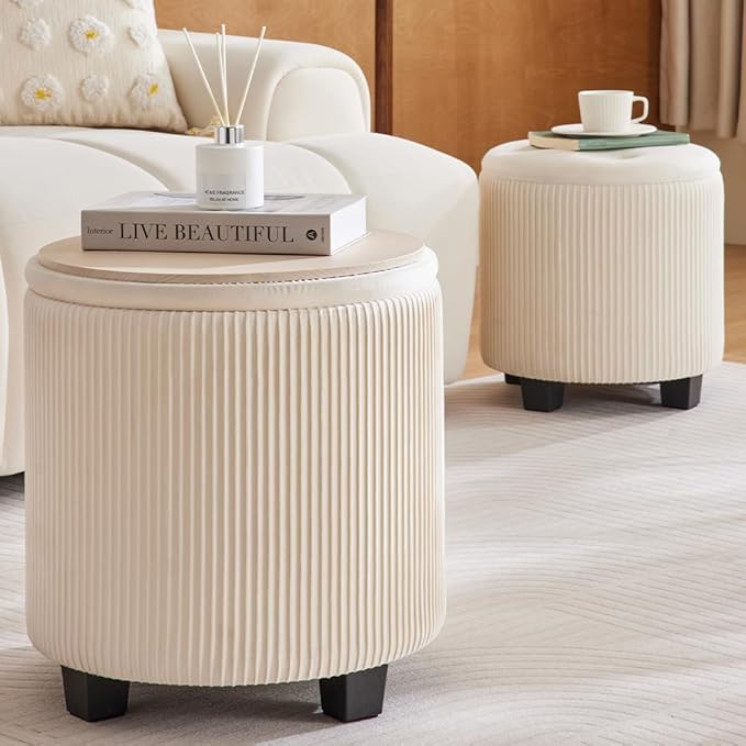Big Round Ottoman with Storage Set of 2, Upholstered Velvet Vanity Stool for Makeup Multifunctional Foot Rest Coffee Table Padded Seat Tufted Ottomans for Living Room&Bedroom (Large White)