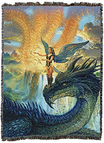Pure Country Weavers Flight Instructors Dragon with Fairy Blanket by Ciruelo - Gift Fantasy Tapestry Throw Woven from Cotton - Made in the USA (72x54) - color: Flight Instructors